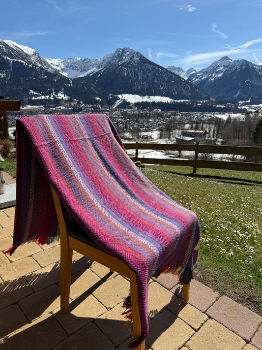 Alpaka Decke 100% Baby Alpaka Wolle Lila Bunt
