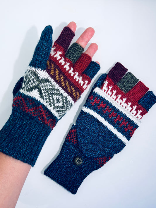 Alpaka Handschuhe / Klapp Fäustlinge Baby Alpaka Blau Rot