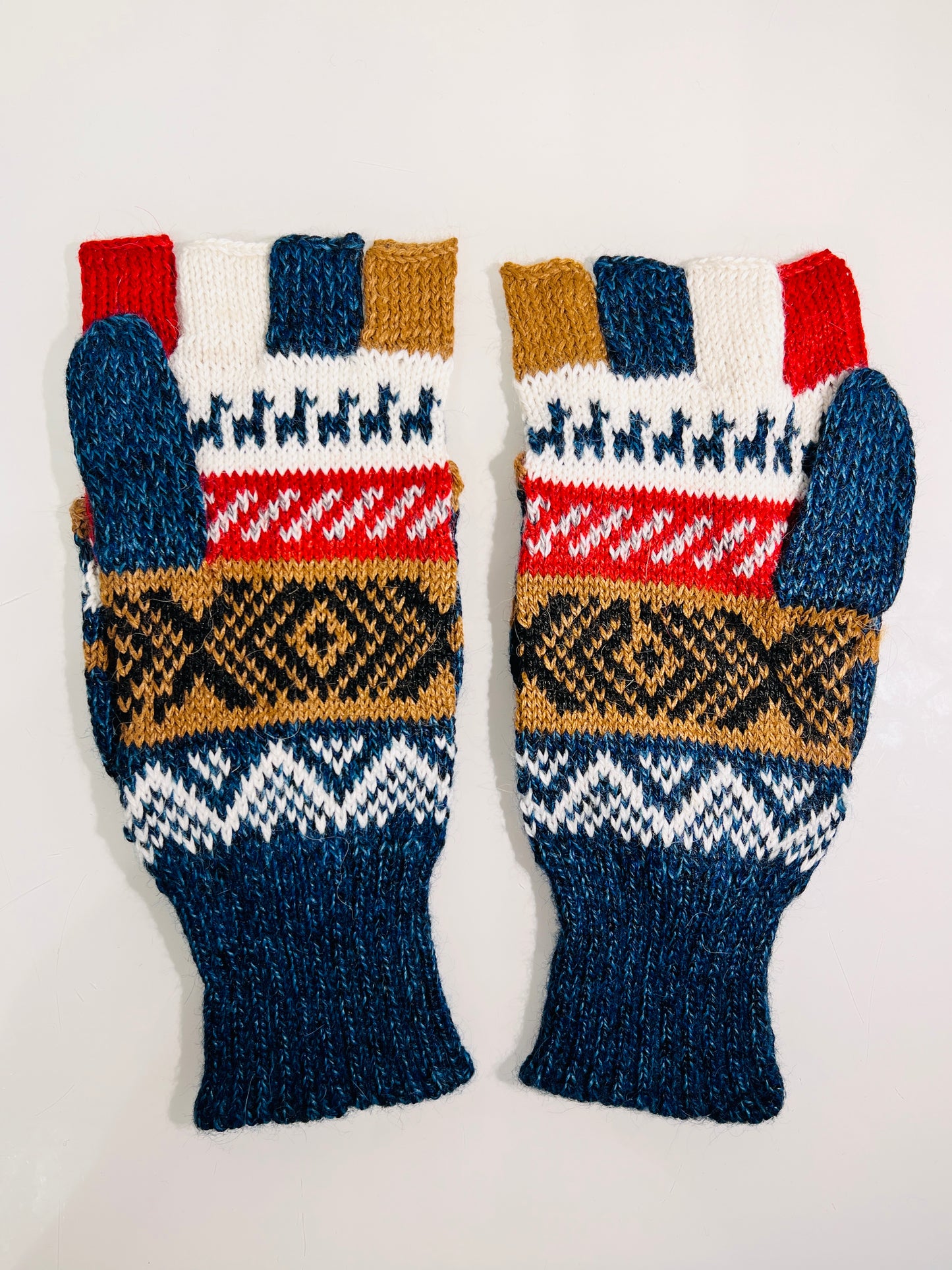 Alpaka Handschuhe / Klapp Fäustlinge Baby Alpaka Blau Beige