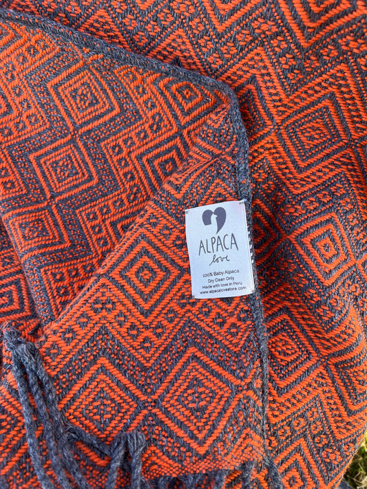 Alpaka Decke 100% Baby Alpaka Wolle Anthrazit Orange