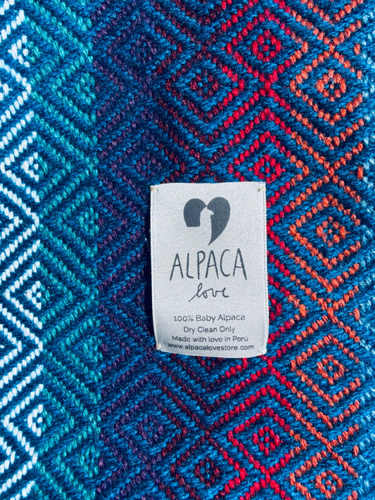 Alpaka Decke 100% Alpaka Decke Wolle Blau Bunt