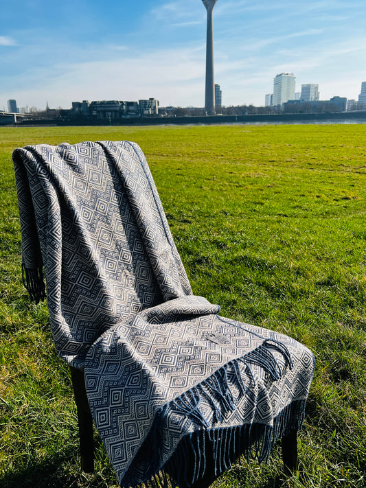 Alpaka Decke 100% Baby Alpaka Wolle Beige Blau