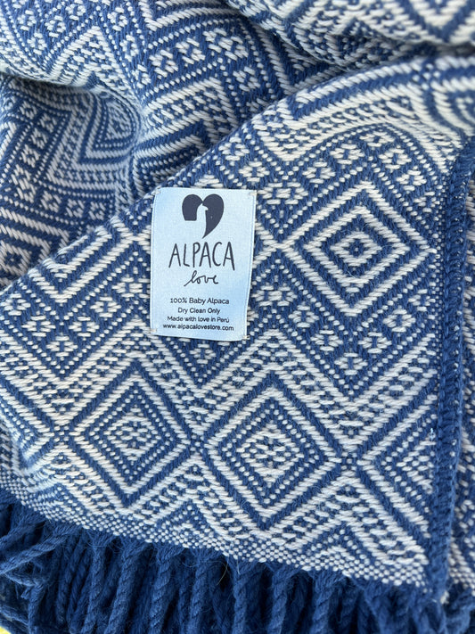 Alpaka Decke 100% Baby Alpaka Wolle Beige Blau