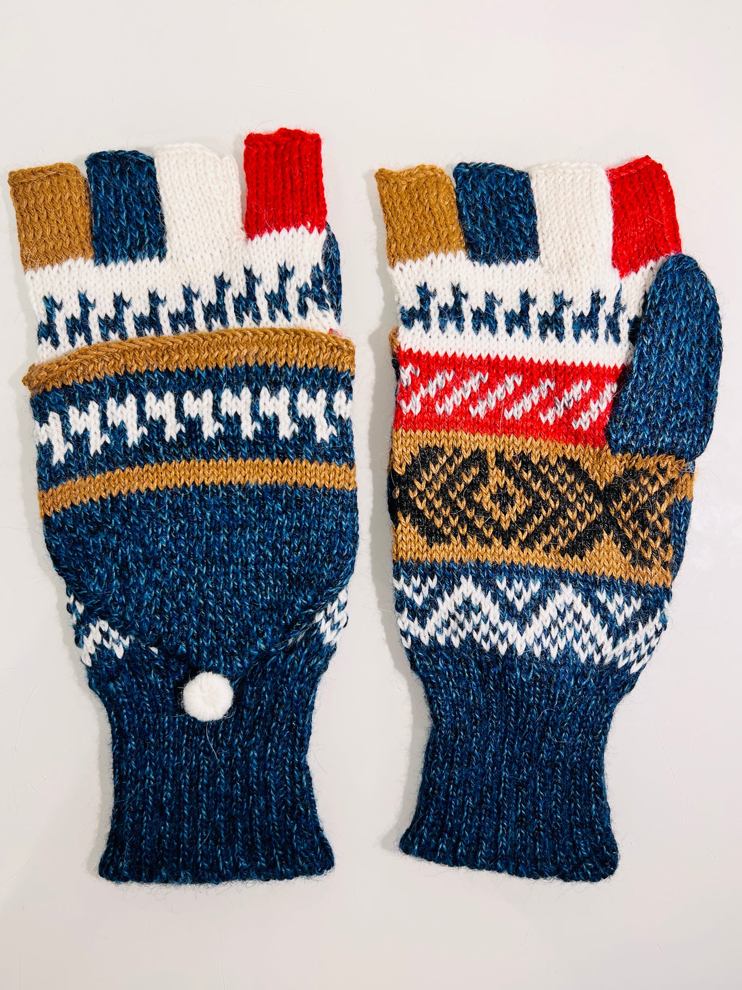 Alpaka Handschuhe / Klapp Fäustlinge Baby Alpaka Blau Beige