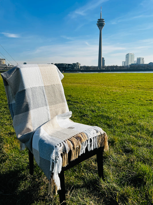 Alpaka Decke 100% Baby Alpaka Wolle Beige Weiß Grau