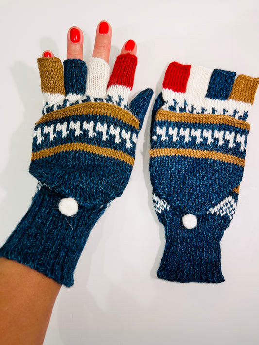 Alpaka Handschuhe / Klapp Fäustlinge Baby Alpaka Blau Beige