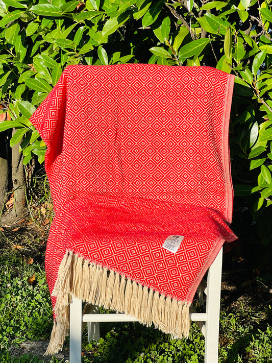Alpaka Decke 100% Baby Alpaka Wolle Rot Beige