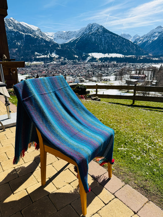 Alpaka Decke 100% Alpaka Decke Wolle Blau Bunt