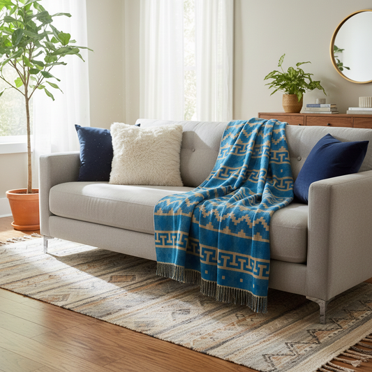 Alpaka Decke 100 % Baby Alpaka Wolle Blau Beige