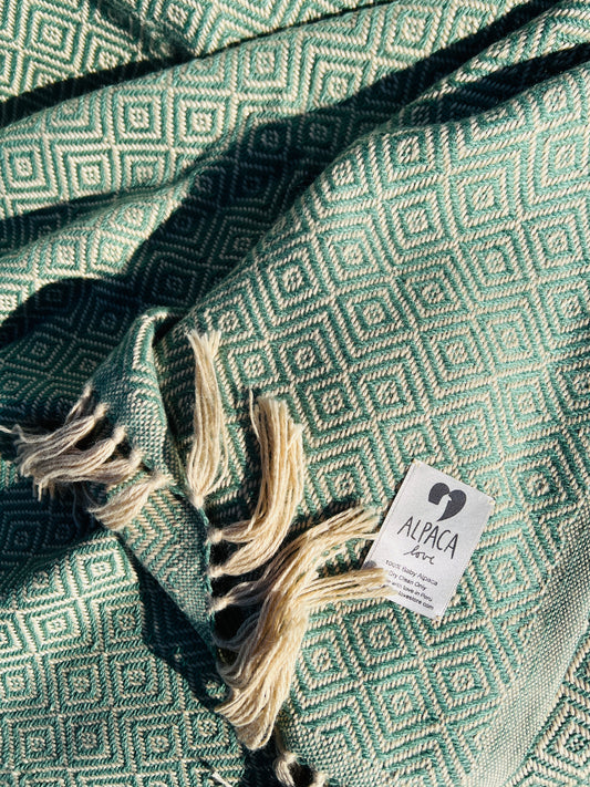 Alpaka Decke 100% Baby Alpaka Wolle Beige Grün