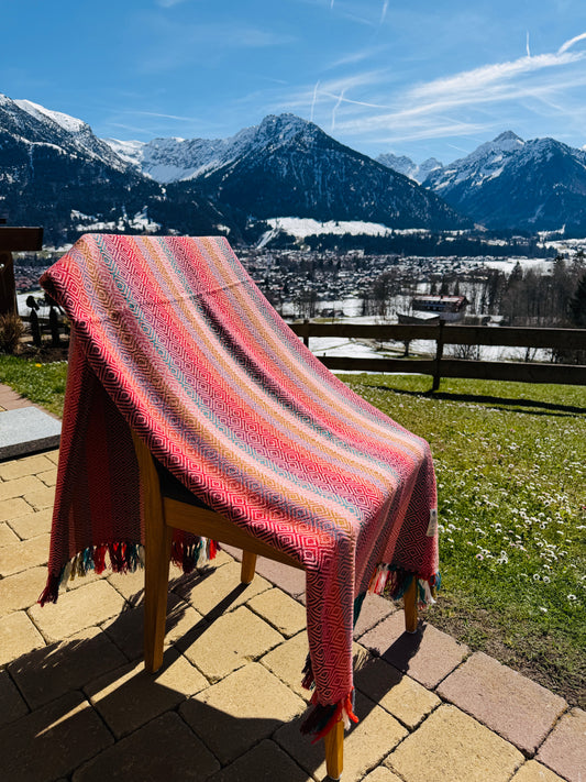 Alpaka Decke 100% Baby Alpaka Wolle Coral Bunt
