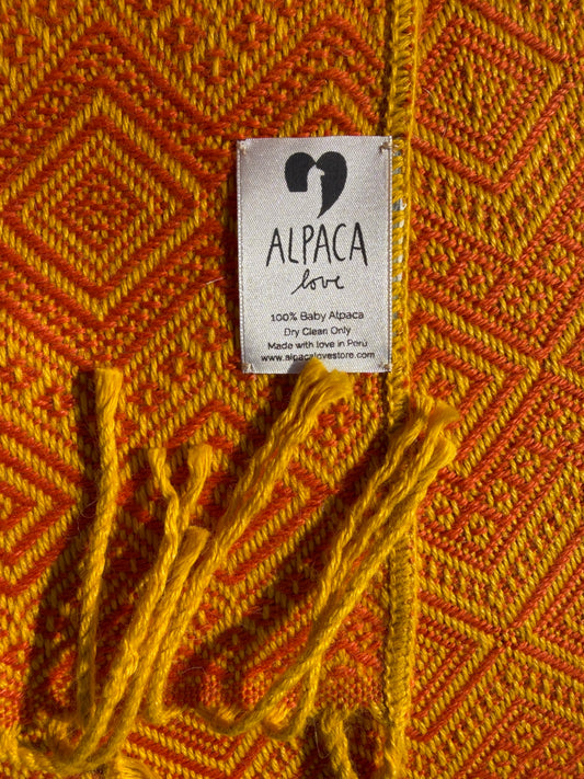 Alpaka Decke aus 100% Baby Alpaka Wolle Orange Gelb