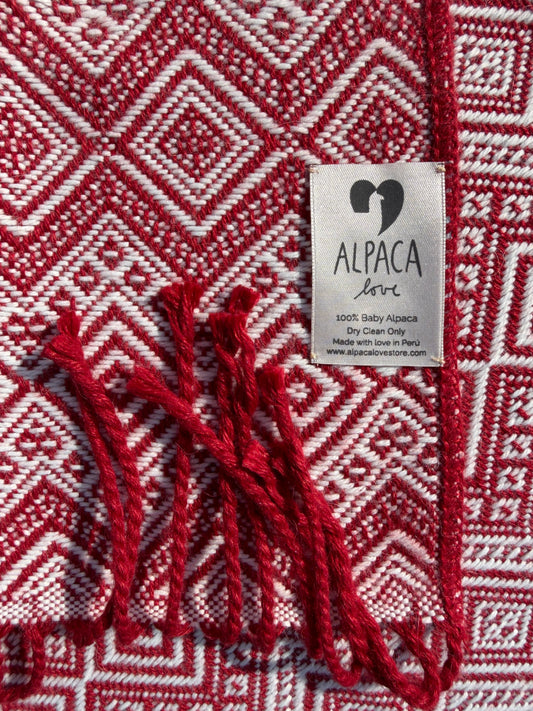 Alpaka Decke aus 100% Baby Alpaka Wolle Rot Weiß