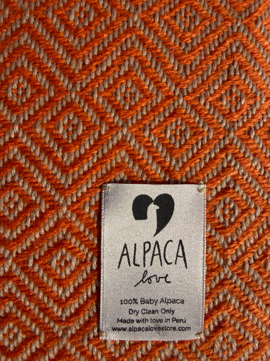 Alpaka Decke aus 100% Baby Alpaka Wolle Orange Neon Beige