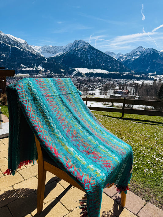Alpaka Decke 100% Baby Alpaka Decke Grün Bunt
