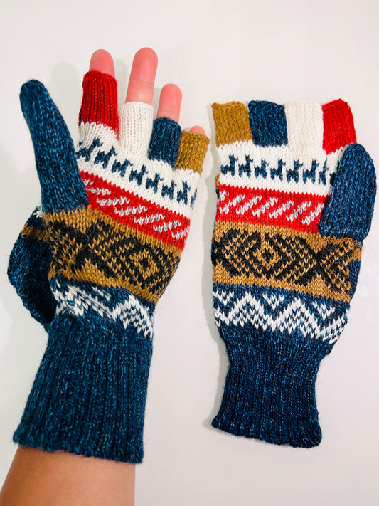 Alpaka Handschuhe / Klapp Fäustlinge Baby Alpaka Blau Beige