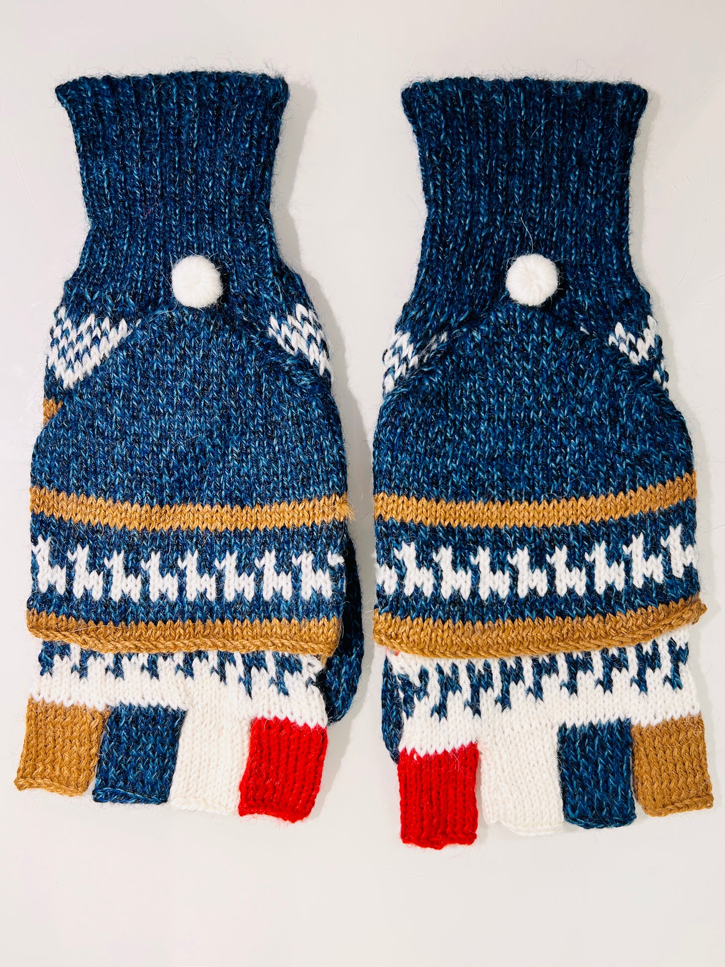 Alpaka Handschuhe / Klapp Fäustlinge Baby Alpaka Blau Beige