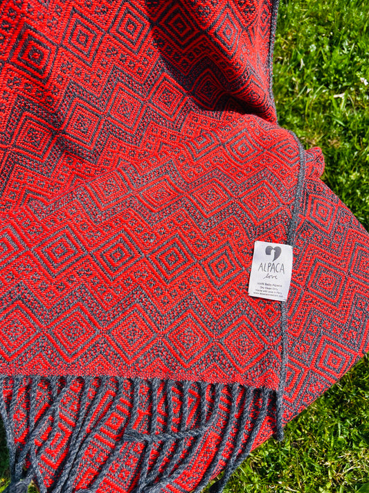 Alpaka Decke aus 100% Baby Alpaka Wolle Anthrazit Rot
