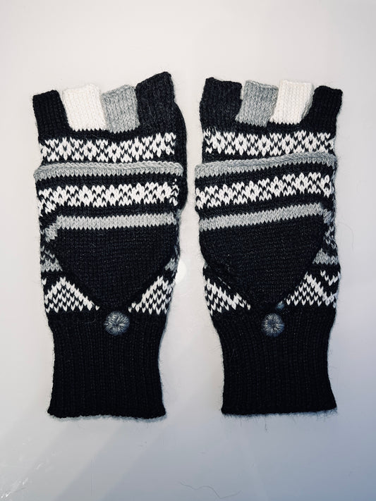 Alpaka Handschuhe / Klapp Fäustlinge Baby Alpaka Wolle Schwarz Grau