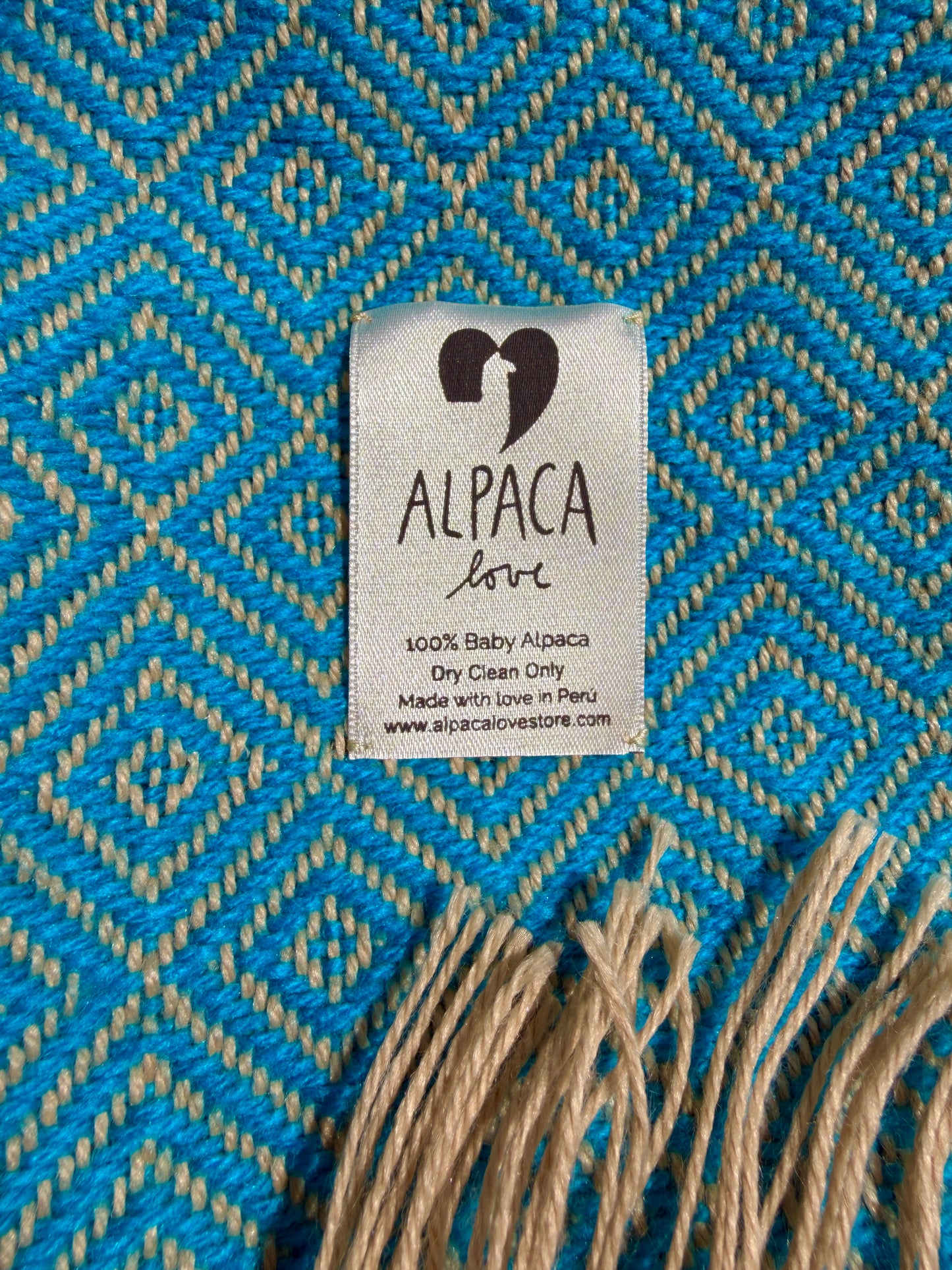 Alpaka Decke aus 100% Baby Alpaka Wolle Türkis Beige