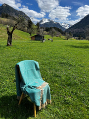 Alpaka Decke 100% Baby Alpaka Wolle Smaragdgrün und beige