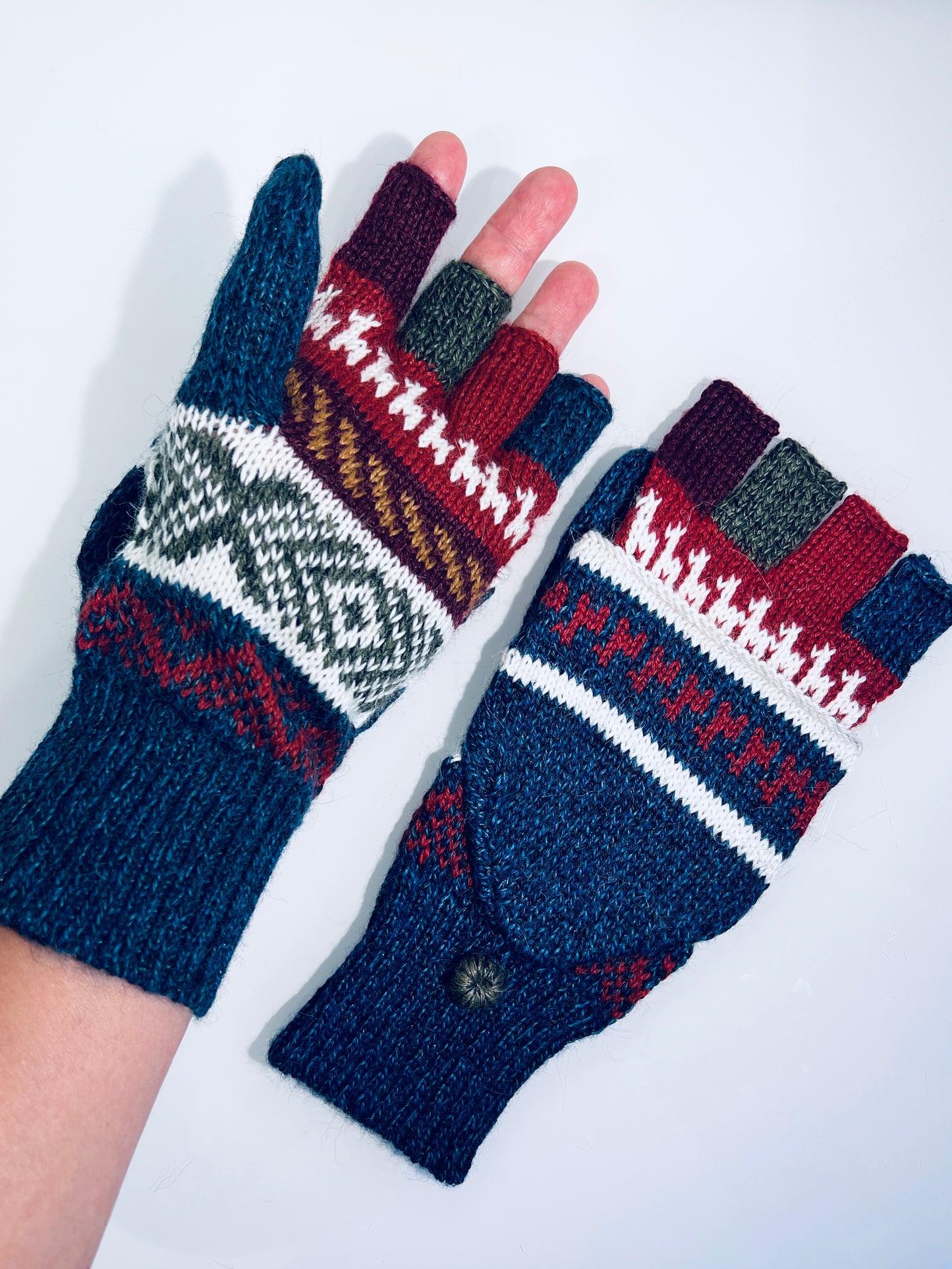 Alpaka Handschuhe / Klapp Fäustlinge Baby Alpaka Blau Rot