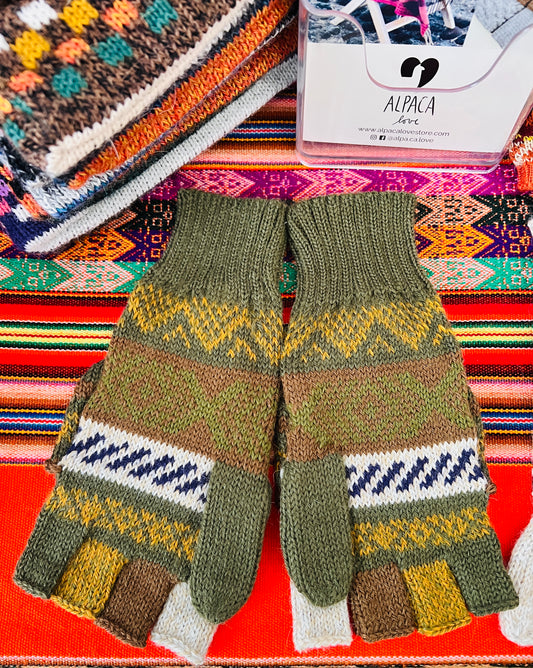 Alpaka Handschuhe / Klapp Fäustlinge Baby Alpaka Wolle Grün