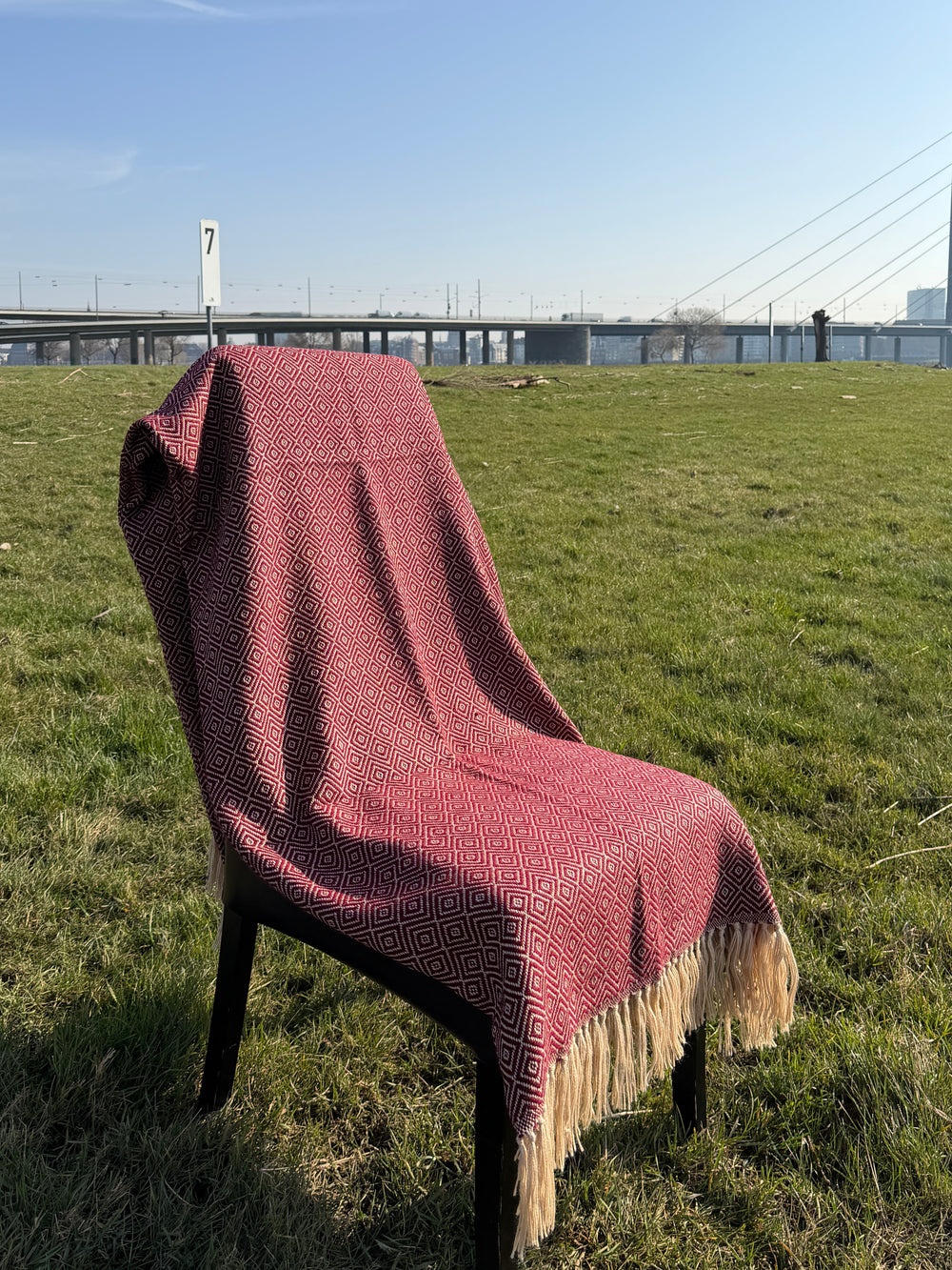 Alpaka Decke aus 100% Baby Alpaka Wolle Bordeaux Rot Beige