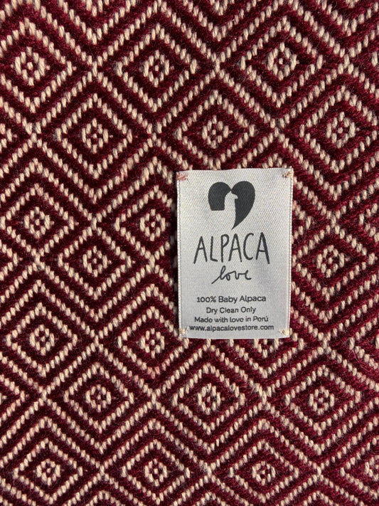 Alpaka Decke aus 100% Baby Alpaka Wolle Bordeaux Rot Beige