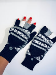 Alpaka Handschuhe / Klapp Fäustlinge Baby Alpaka Wolle Schwarz Grau