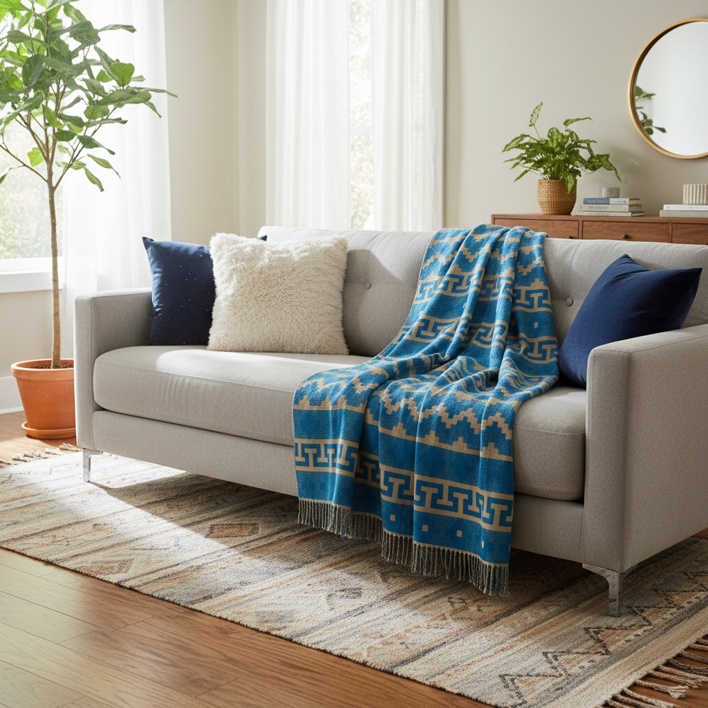 Alpaka Decke 100 % Baby Alpaka Wolle Blau Beige