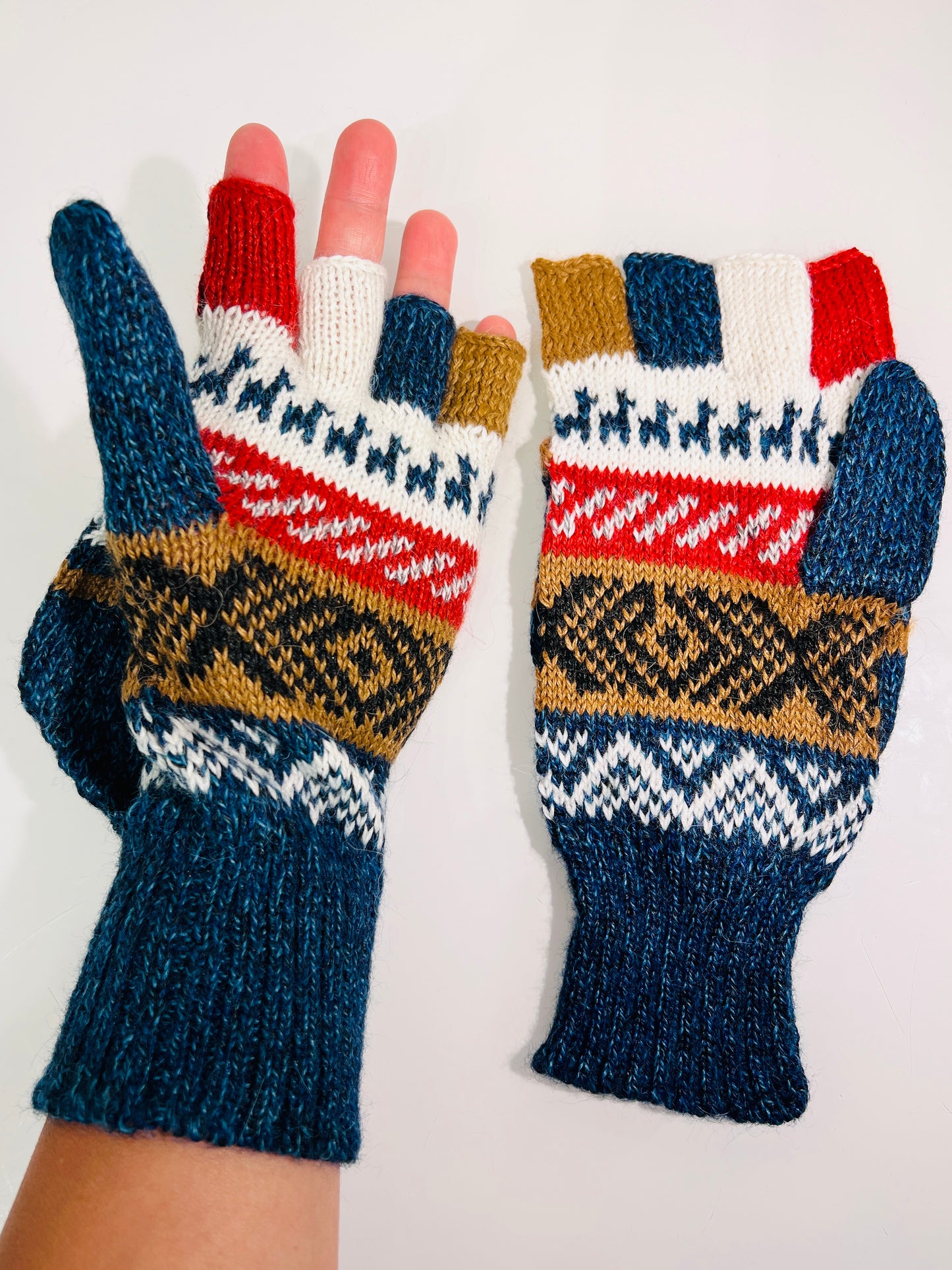 Alpaka Handschuhe / Klapp Fäustlinge Baby Alpaka Blau Beige