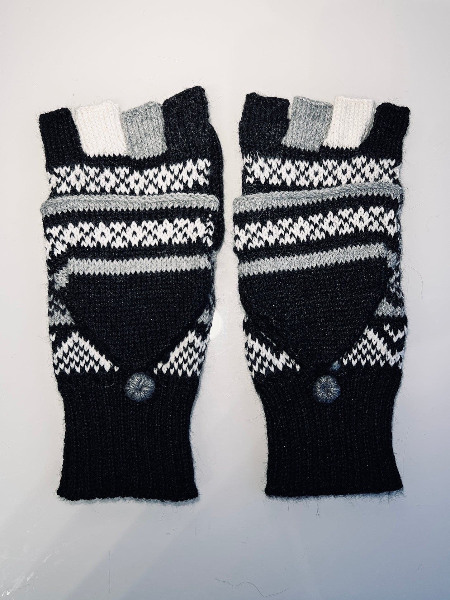 Alpaka Handschuhe / Klapp Fäustlinge Baby Alpaka Wolle Schwarz Grau
