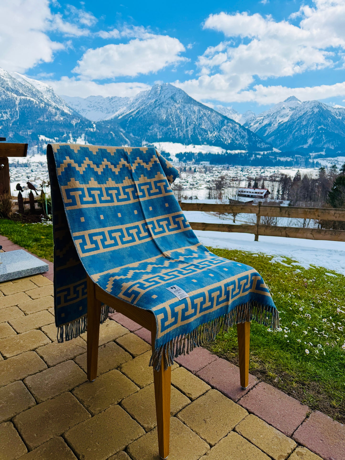 Alpaka Decke 100 % Baby Alpaka Wolle Blau Beige