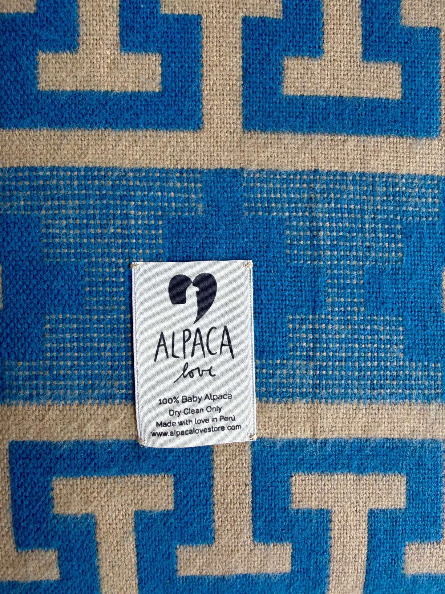 Alpaka Decke 100 % Baby Alpaka Wolle Blau Beige