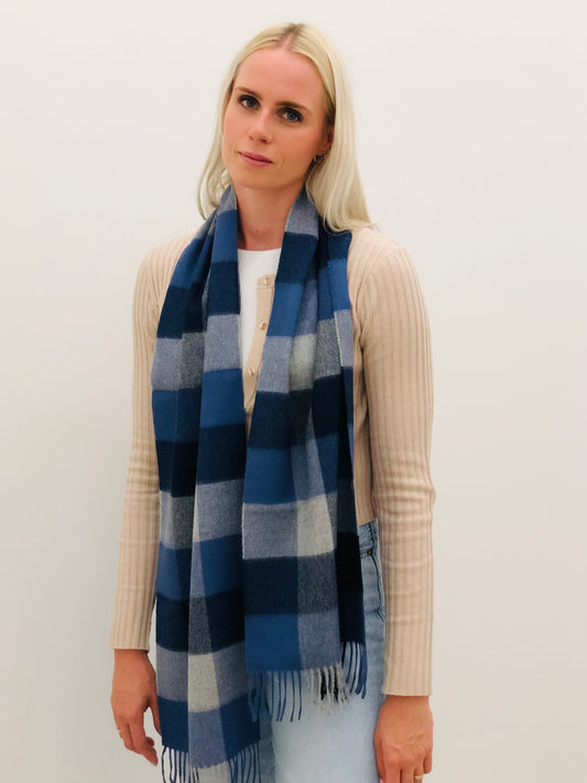 Schal 100% Baby Alpaka Wolle Blau Kariert