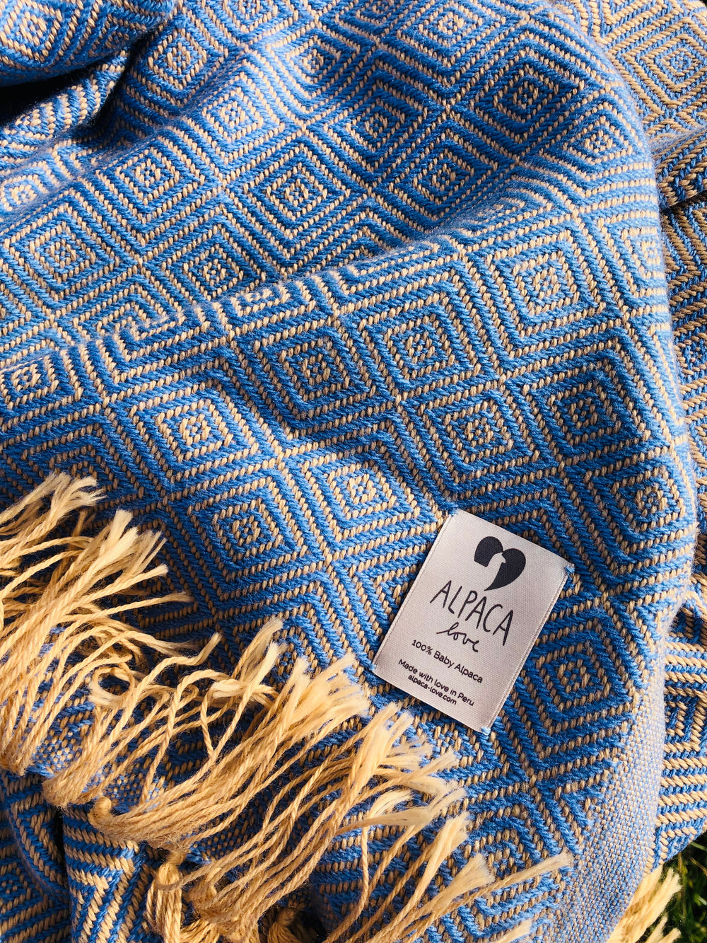 Alpaka Decke aus 100 % Baby Alpaka Wolle Blau Beige